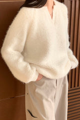 Warm Boucle Split-Neck Sweater