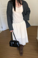 Rosel Midi Skirt in Ivory, velvet lace hem midi skirt
