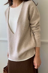 Cashmere Double Knit in Beige, women's cashmere blend V neck sweater