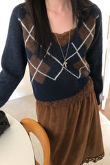 Argyle V Neck Sweater in navy, women's cropped argyle V neck sweater