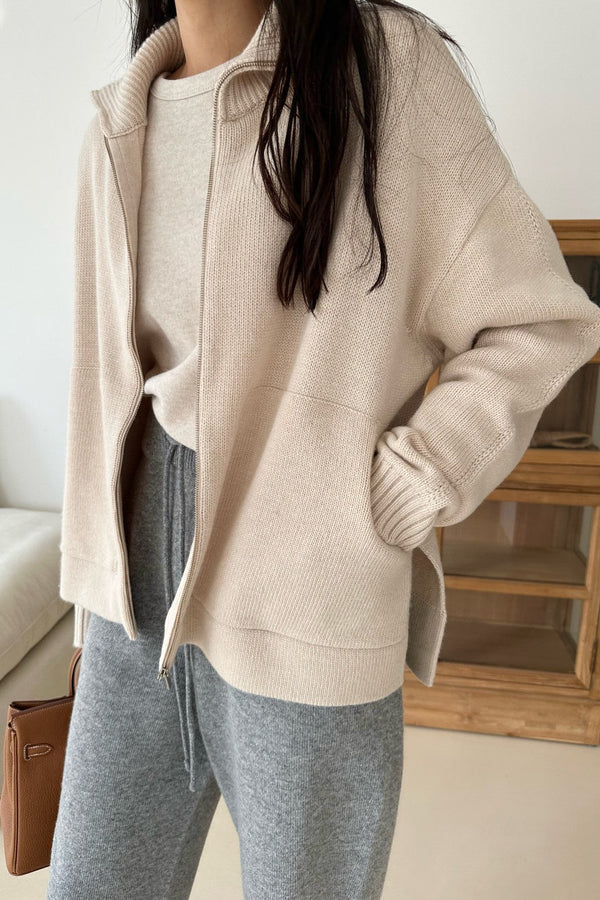 Wool Collar Zip Up Cardigan