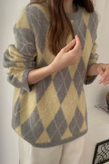 Dia Brush Sweater in Grey, brushed alpaca argyle sweater