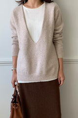 Cashmere Double Knit in Beige, women's cashmere blend V neck sweater