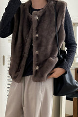 Pony Fur Vest Jacket in Charcoal, women's pony fur round neck vest