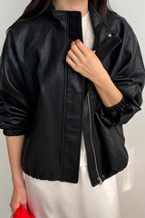 Leather Blouson Jacket in black, women's faux leather blouson jacket