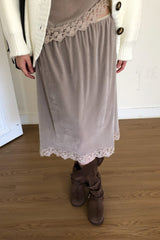 Rosel Midi Skirt in Beige Grey, velvet lace hem midi skirt