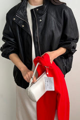 Leather Blouson Jacket in black, women's faux leather blouson jacket