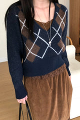 Argyle V Neck Sweater in navy, women's cropped argyle V neck sweater