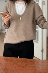 Deep U Raccoon Knit in Beige, women's raccoon wool deep U neck sweater