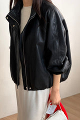 Leather Blouson Jacket in black, women's faux leather blouson jacket