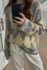 Dia Brush Sweater in Grey, brushed alpaca argyle sweater