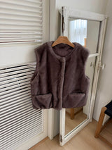 Pony Fur Vest Jacket in Charcoal, women's pony fur round neck vest