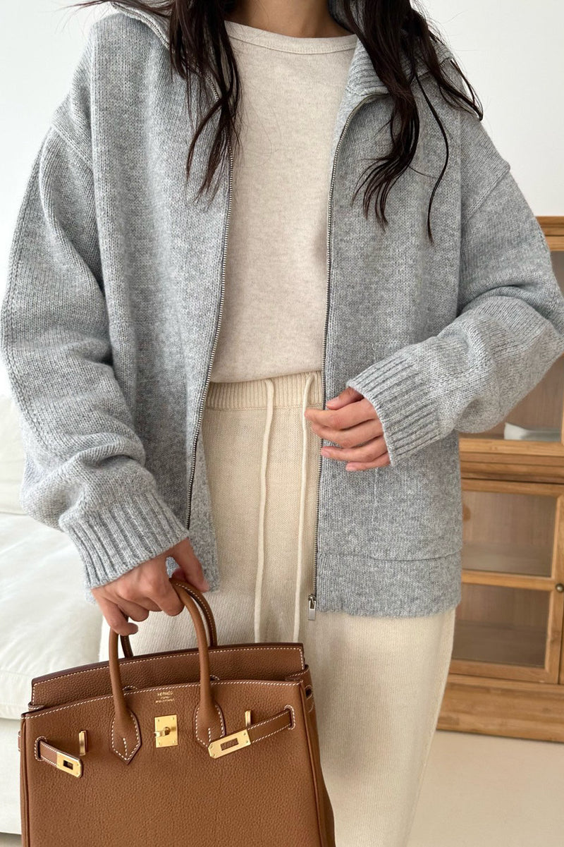 Wool Collar Zip Up Cardigan