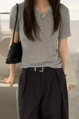Placket Ribbed Knit Tee