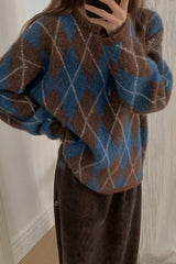 Dia Brush Sweater in Brown, brushed alpaca argyle sweater