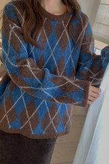 Dia Brush Sweater in Brown, brushed alpaca argyle sweater