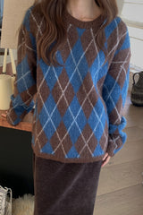 Dia Brush Sweater in Brown, brushed alpaca argyle sweater
