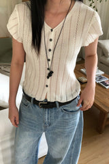 Pointelle Button Knit Top