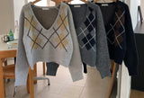 Argyle V Neck Sweater, women's cropped argyle V neck sweater