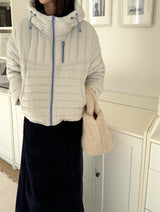 Lightweight Down Puffer Jacket in Light Grey, women's lightweight down hooded puffer jacket