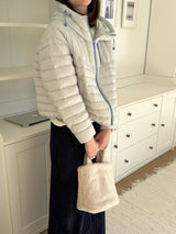 Lightweight Down Puffer Jacket in Light Grey, women's lightweight down hooded puffer jacket